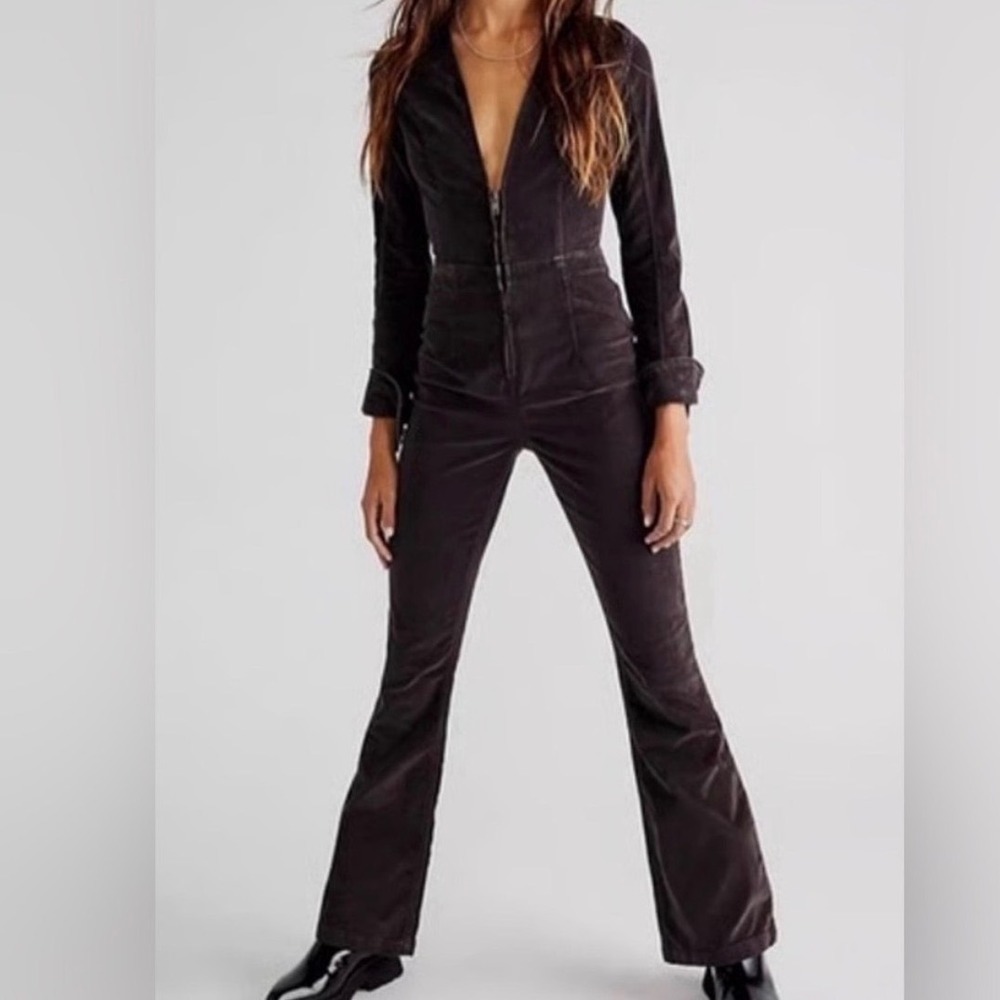 Free People We The Free Jovi Cord Flare Jumpsuit in Black Zip Front - Large